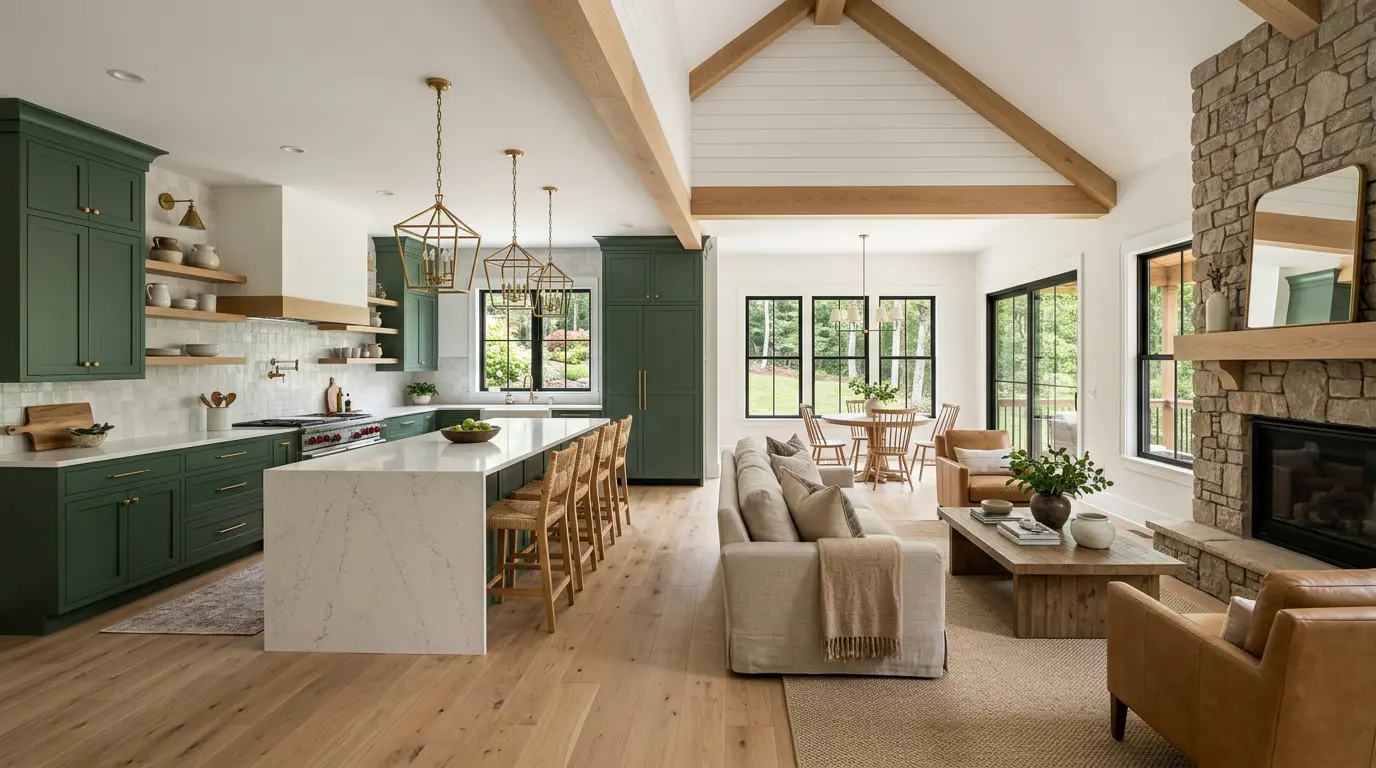 A finished new-construction kitchen with green shaker cabinets, a quartz waterfall island, and white oak floors